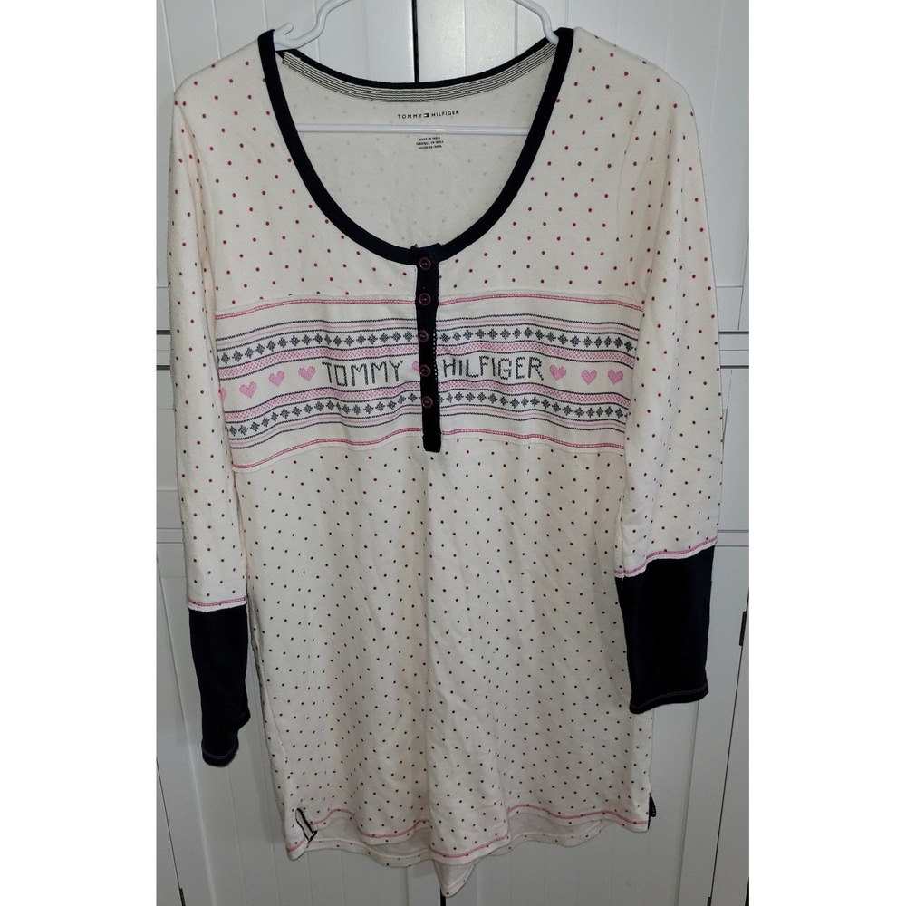 Tommy Hilfiger Womens Henley Sleep Shirt Cream Pink Polka Dot Heart Logo M